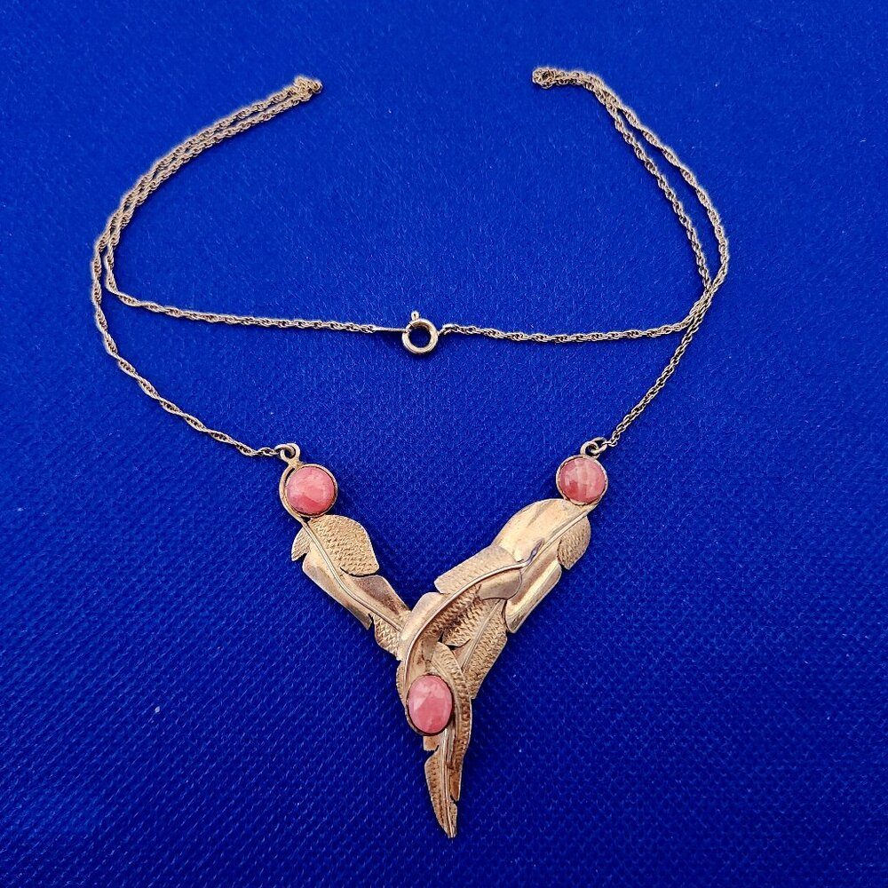 VINTAGE? DESIGNER'S STAMPED SILVER NECKLACE WITH PINK NATURAL CABOCHONS